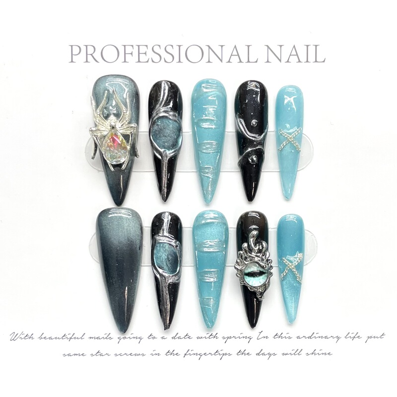 Black wear nail finished product long sweet cool water drop European and American hot girl advanced sense heavy industry Spider silver sea handmade manicure Black wear nail finished product long sweet cool water drop European and American hot girl advanced sense heavy industry Spider silver sea handmade manicure