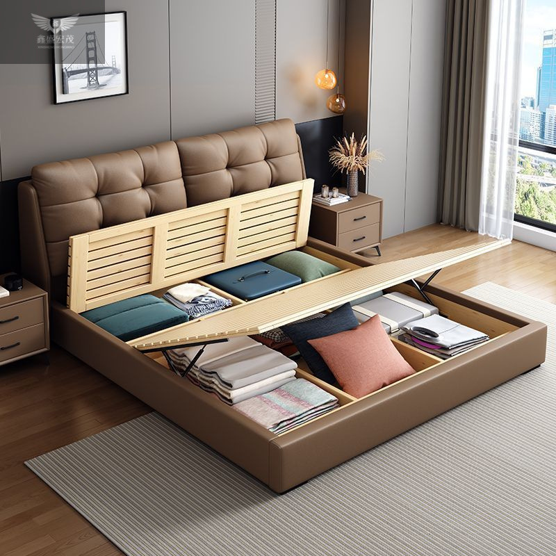 Dormitorio de lujo ligero de cuero Dormitorio principal simple moderno Cama de boda doble de 1,8 m Cama de cuero de nube de almacenamiento de cajón de 1,5 m