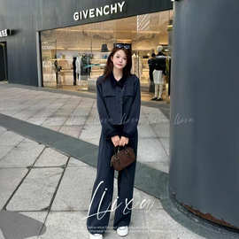 雨薇秋季简约时尚拼接短外套直筒裤两件套