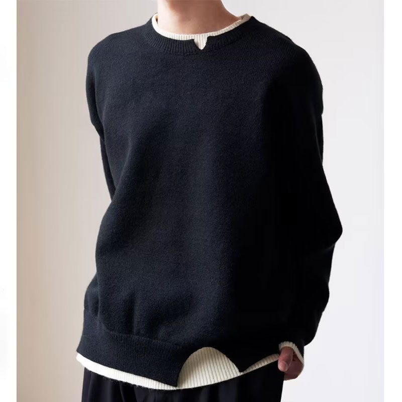 Design sense niche fake two-piece sweater for men, Korean Arctic velvet basic knit sweater, loose and versatile, trendy brand for spring and autumn