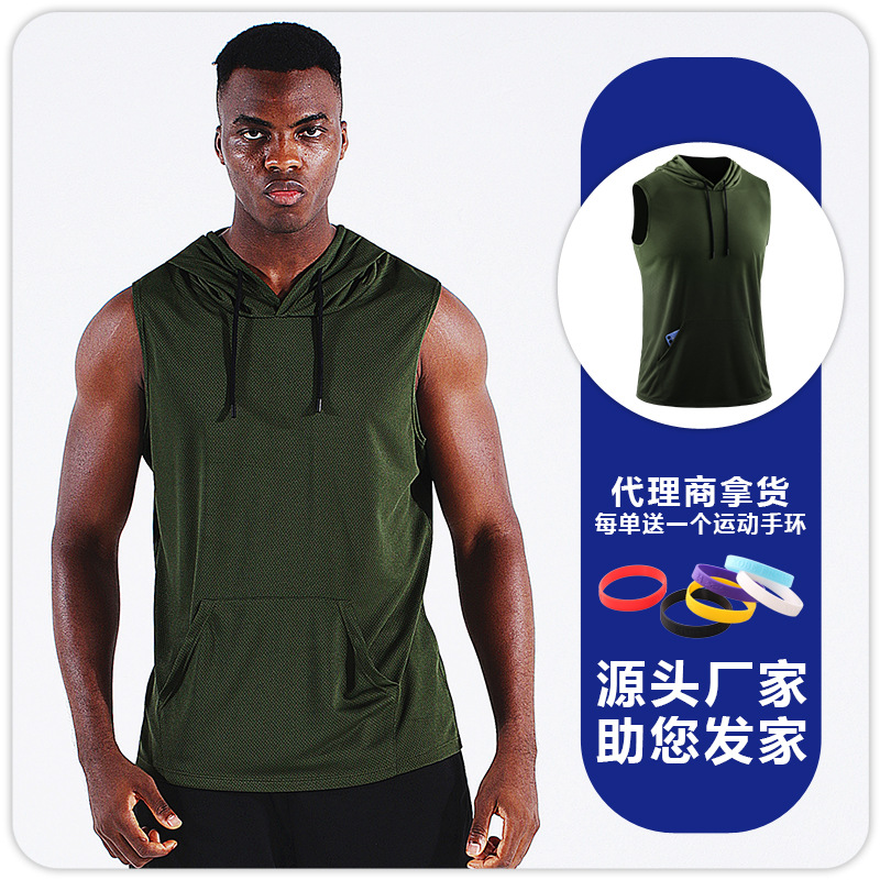 Deportes de los hombres con capucha suelta fitness montañismo ropa de color sólido chaleco sin mangas de secado rápido de malla de baloncesto corriendo transpirable top