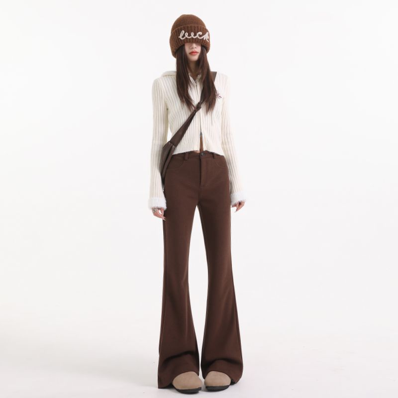 杏色休闲裤女微喇叭2025秋冬高腰显瘦弹力宽松拖地不贴腿马蹄裤子