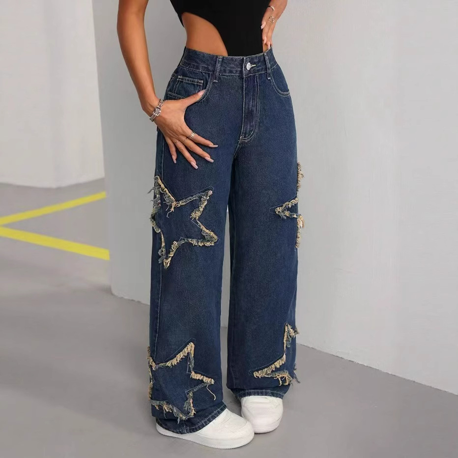 跨境欧美贴布牛仔裤亚马逊五角星流苏毛边宽松直筒休闲百搭拖地裤