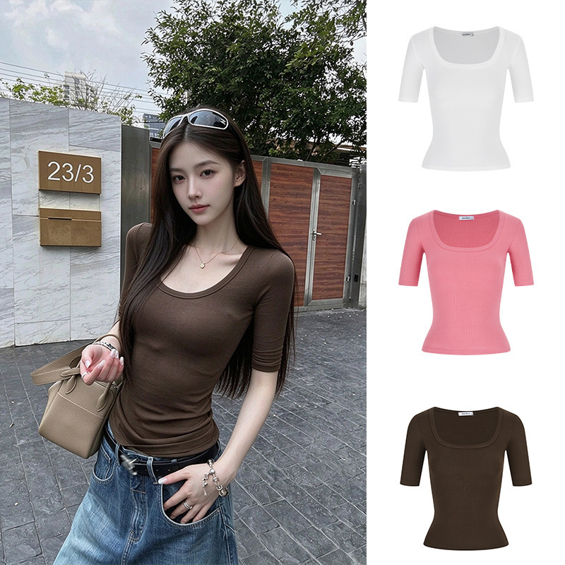 Moses Queen Brown Slim-Fit T-Shirt Fashionable Straight-Shoulder Slimming Short-Sleeve Versatile Stylish Top