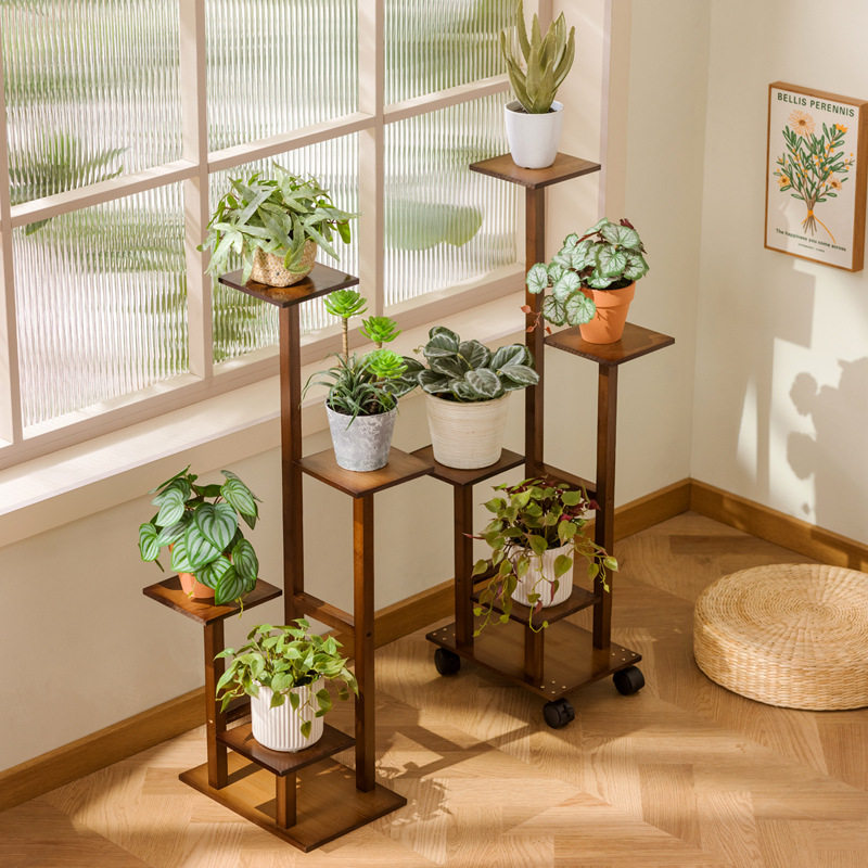Flower Table Flower Shelf Living Room Floor-Standing Storage Rack Balcony Flower Pot Bracket Chinese Multi-Layer Solid Wood Plant Rack 2025