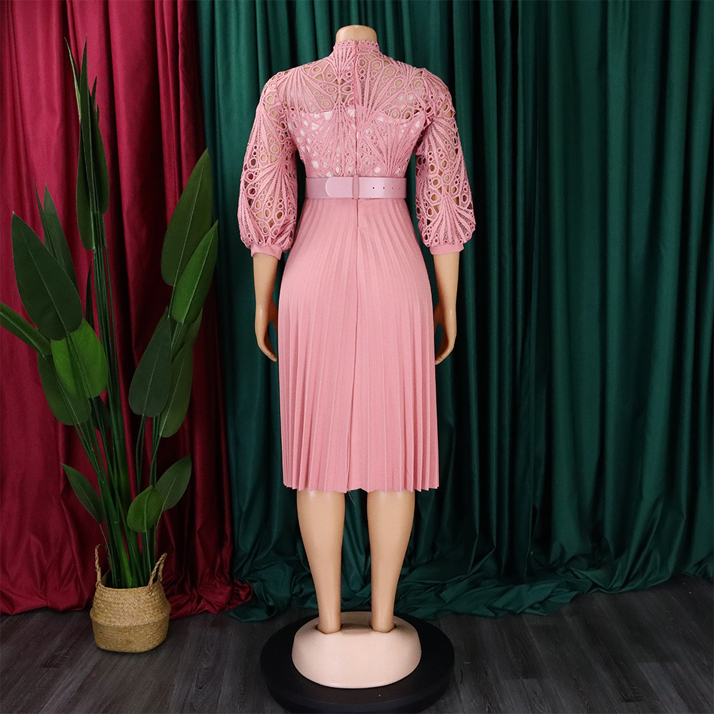 Women's Lace Hook Dress Hollow Pleated Stitching New Clothing_ecoleips.com
