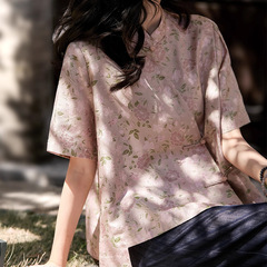 Xu Shuyanyun-Begonia Brocade 先染めフラワーロー桑シルク新中国風斜め襟トップ女性の 2025 夏シャツ