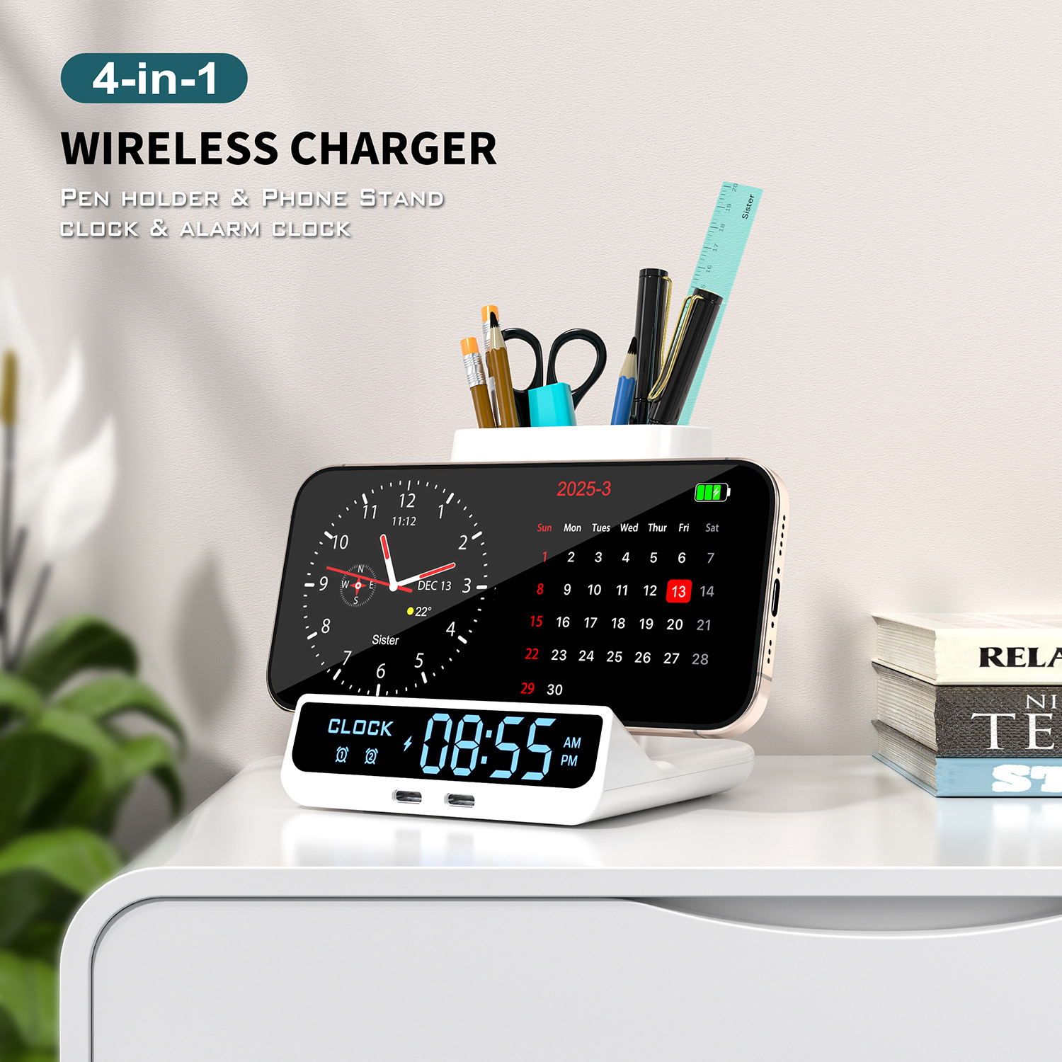Cargador inalámbrico digital para teléfono móvil de 15W, cargador inalámbrico multifunción, pantalla digital, reloj despertador, portalápices, luz nocturna LED anti-luz azul