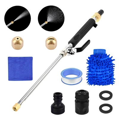 wash water gun water jet high, Car cleaning tools - set-9-black-water-gun-2-nozzles-1-black-connector-2-gaskets-1-tape-1-black-quick-connector-1-blue-towel-1-blue-glove
