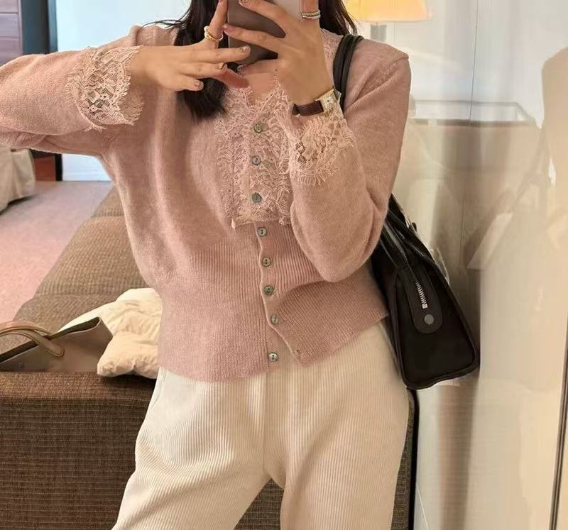 法式蕾丝毛衣女秋冬2025新款时尚气质设计感长袖针织衫打底衫上衣|undefined
