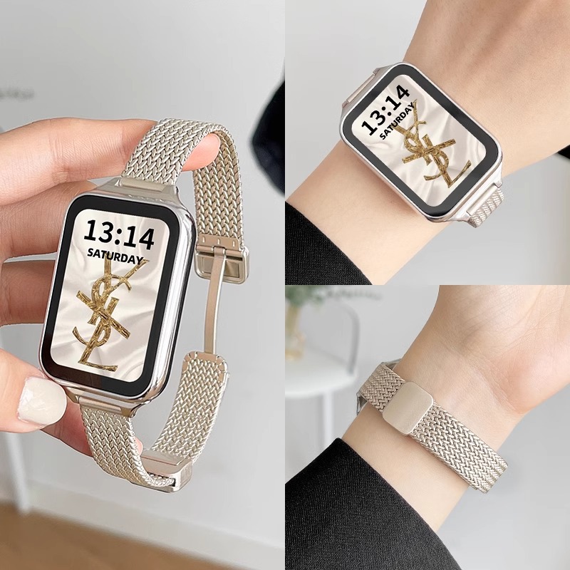 For Red Rice watch4/5 Strap Stainless Steel Wheat Ear Magnetic Buckle Women's Mi Band 8/9Pro Watch Strap