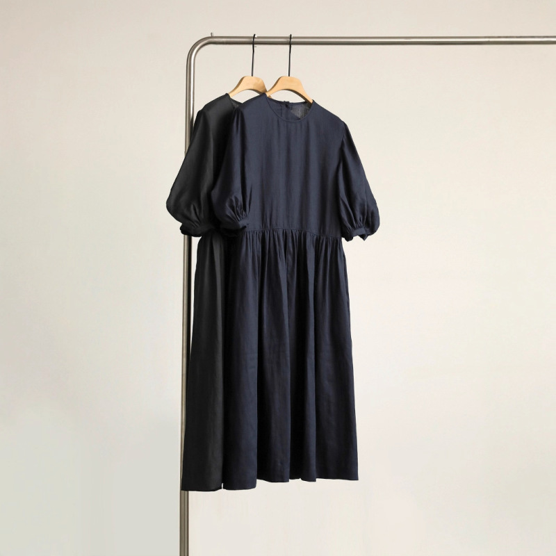 New Style Lazy Style Linen Soft Puff Sleeve Long Dress Wholesale