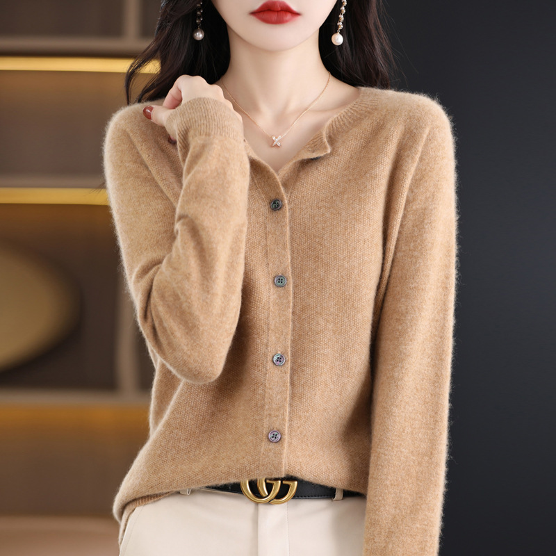 Cárdigan de Punto de Lana para Mujer Lana Cuello Redondo, Manga Larga para Otoño e Invierno