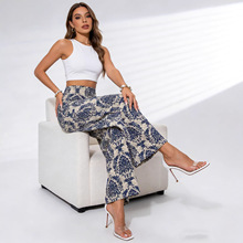 shein春夏热销薄款无弹侧拉链直筒裤女士优雅休闲民族风花藤长裤