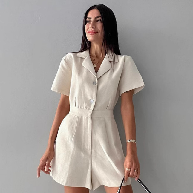 Europe and the United States 2025 early spring new cotton and linen suit collar high waist jumpsuit fashion cross-border wholesale casual solid color women's clothing