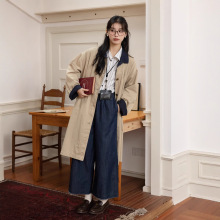 2025秋冬新款文艺学院风知识分子休闲翻领撞色中长款风衣外套女