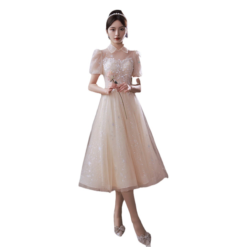Vestido color champán para mujer, nuevo estilo 2026, elegante vestido de compromiso, vestido de noche para cumpleaños, talla pequeña, otoño