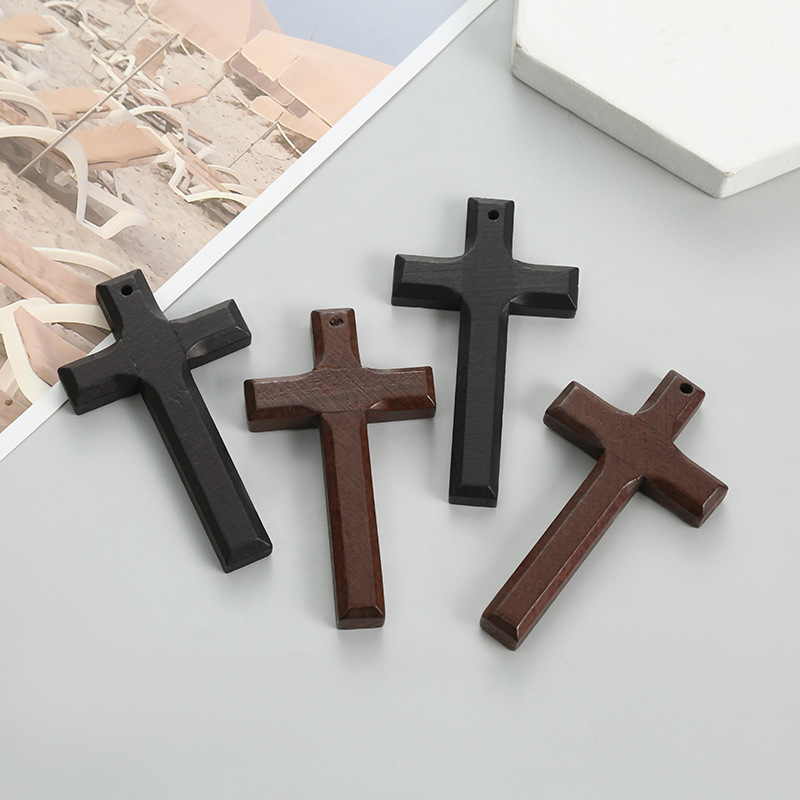 Vintage Handmade Double-Layer Alloy Wood Cross Pendant for Women and Men, Long Sweater Chain, Car Hanging Ornament Necklace