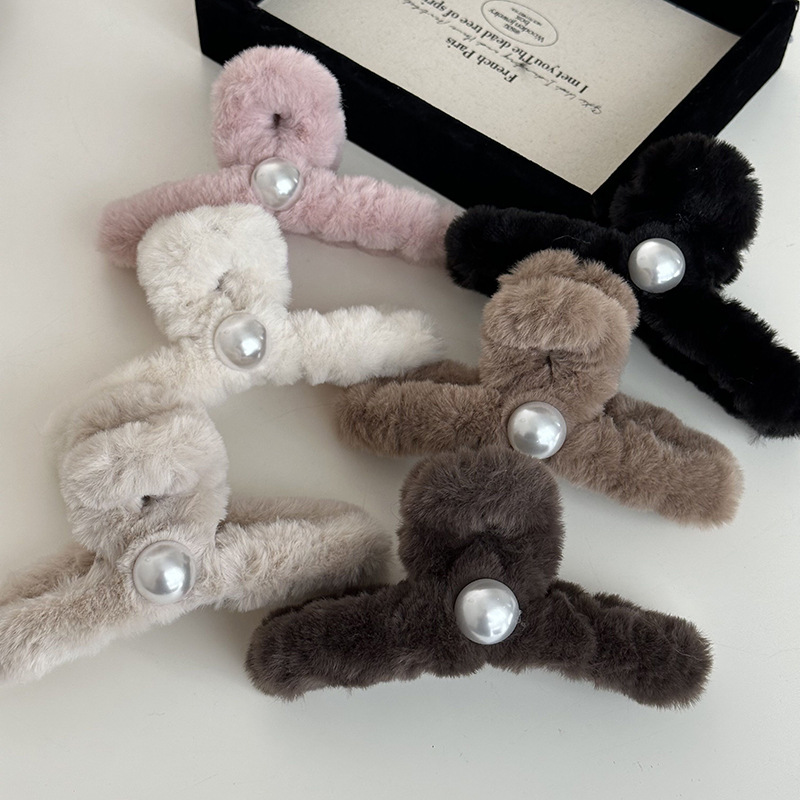 Herbst und Winter Plüsch Haarnadel Kopfschmuck weibliche Perle Haarspange Hinterkopf Haarspange große Haifisch-Clip Subnetz rot Hochsteckfrisur Haar Haarnadel_voghion.com