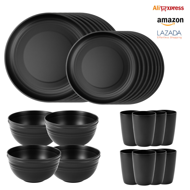 Cross-Border Hot-Selling Wheat Straw Plate, Bowl and Cup Set, Outdoor Black Dishes, Plates, Cups, Knives, Forks, Spoons and Chopsticks Tableware Set