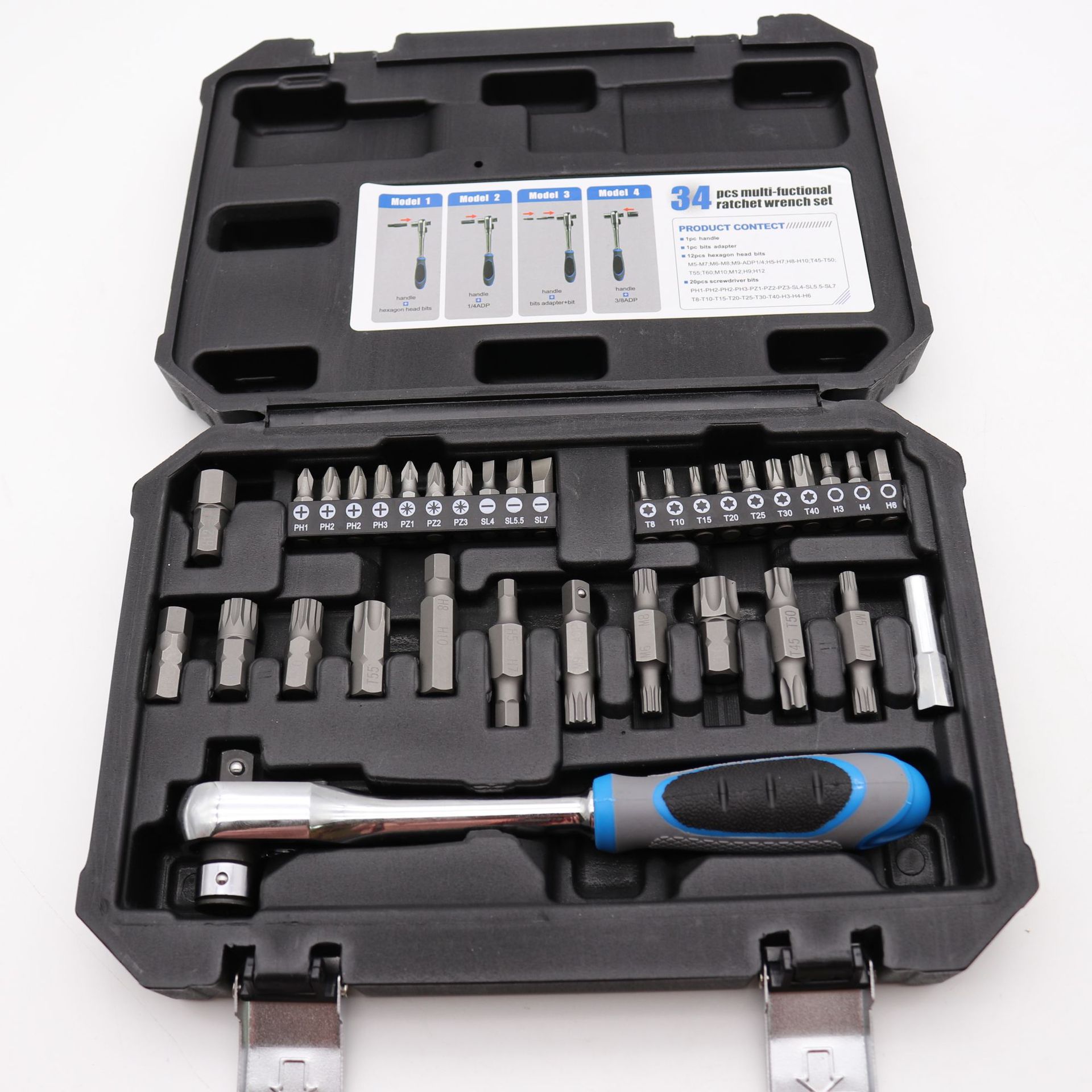 34PCS套多功能棘轮扳手H柄扳手双头扳手批头组套汽修工具批头套筒