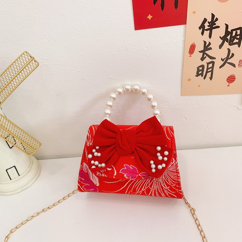 Bagos rojos perfumados para niñas bolsos de hombro con sequillas de perlas, bolsos para niños, bolsos de Año Nuevo para niños