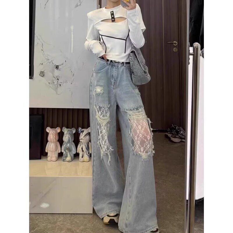 Retro Ripped Jeans Women's Spring and Summer New American Style High Waist Slimming Lace Stitching Design Sense Loose Straight Pants