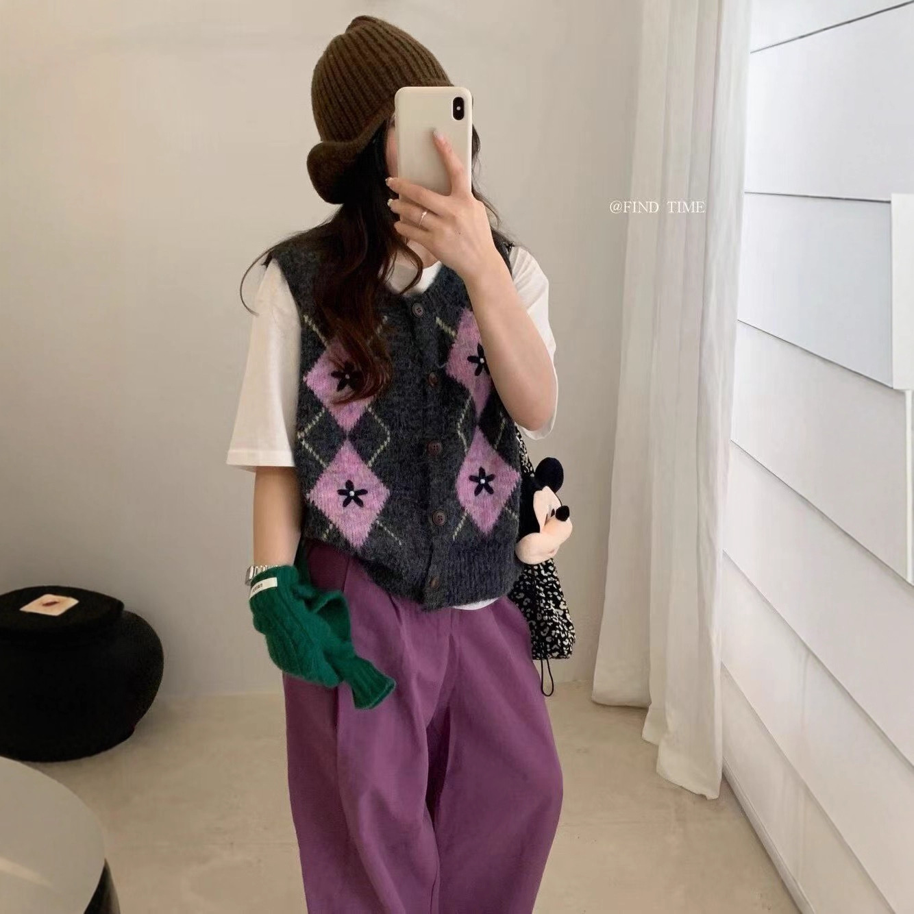 复古菱形格子圆领针织开衫马甲外搭女秋冬季短款坎肩叠穿毛衣背心