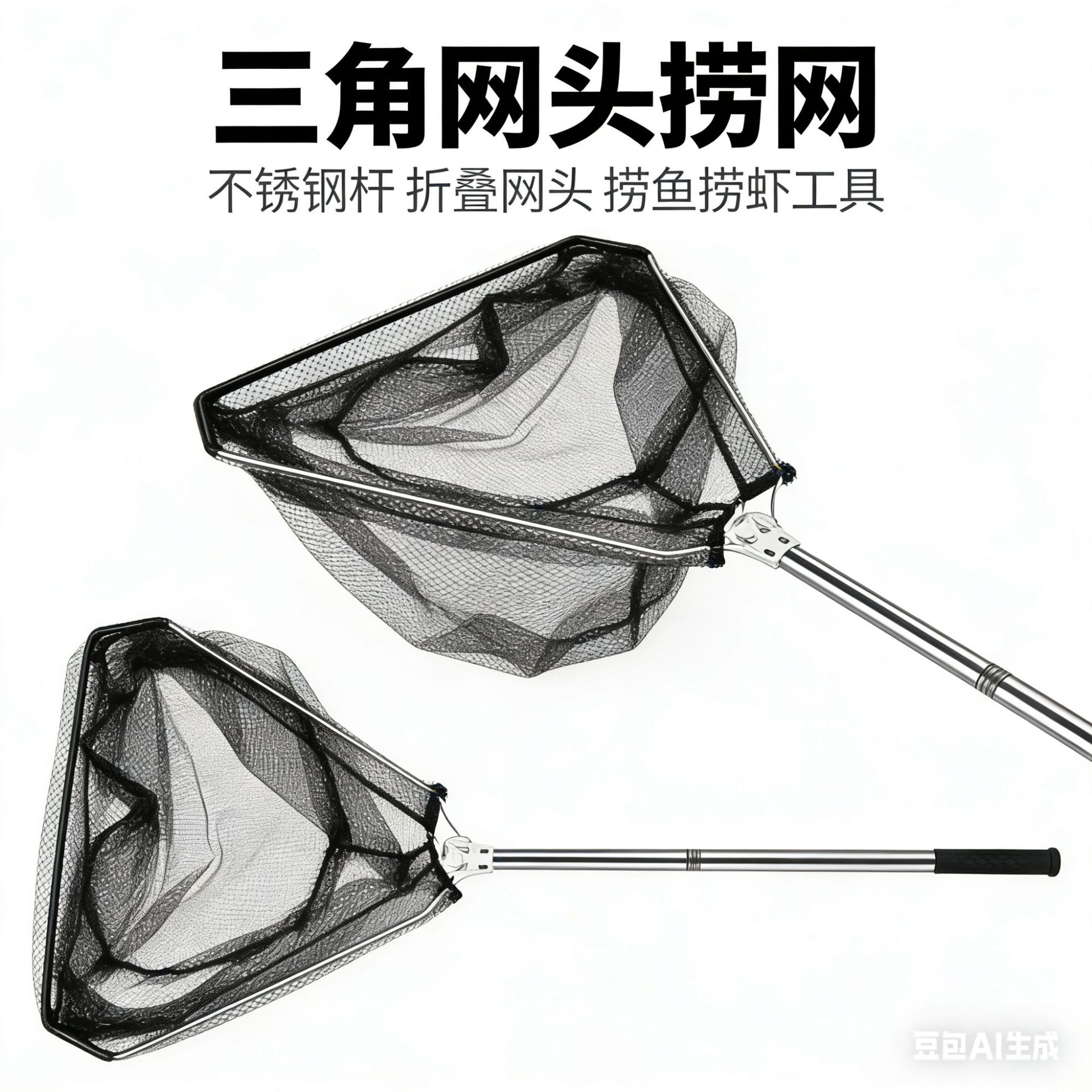 折叠抄网伸缩杆抄网竿不锈钢实心抄网捞鱼网抄网兜抄网杆套装渔具