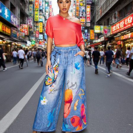 2025 Manufacturer Cross-Border Amazon European and American Foreign Trade Women's Clothing Russia Europe Printed Wide-Leg Pants Casual Women's Pants
