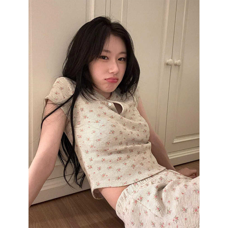 Ins Korean Style Sweet Floral Short Sleeve Women's Summer 2025 New Girly Short T-Shirt Shorts Home Clothes suit
