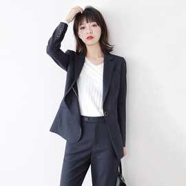 藏青色休闲西装外套女秋冬新款复古修身千鸟格职业气质小西服套装