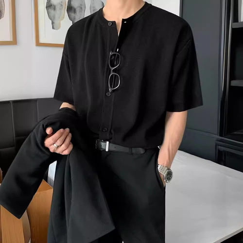 Summer thin T-shirt for men, short-sleeved, high-end, loose and lazy style, open knitted top, Hong Kong style, Insta casual T-shirt