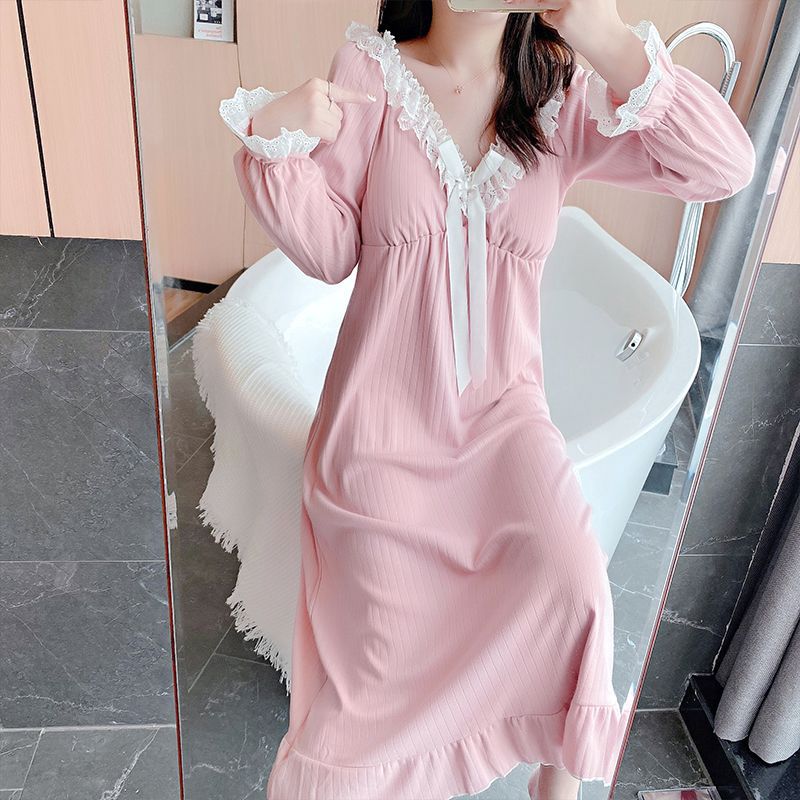 Women's Spring and Autumn Long Sleeve Knitted Cotton Nightdress with Chest Pad 2025 New Sweet Sexy Lace Bean Sand Princess Style Pajamas