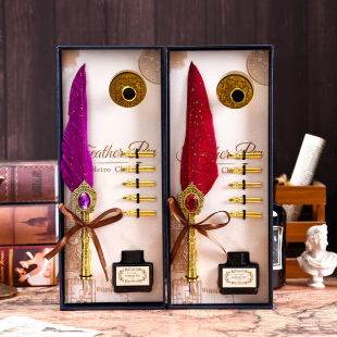 Original European style retro blue box goose feather gem pen high color value feather pen dip pen gift box suit