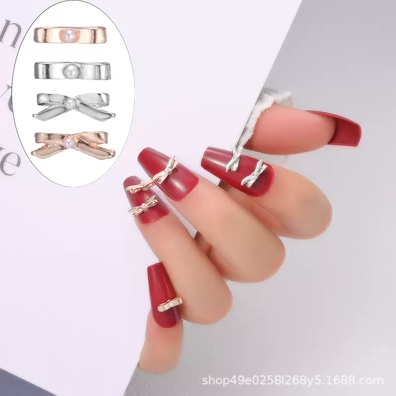 网红芭蕾舞鞋美甲饰品蝴蝶结领结法式少女镶珍珠合金立体指甲配饰