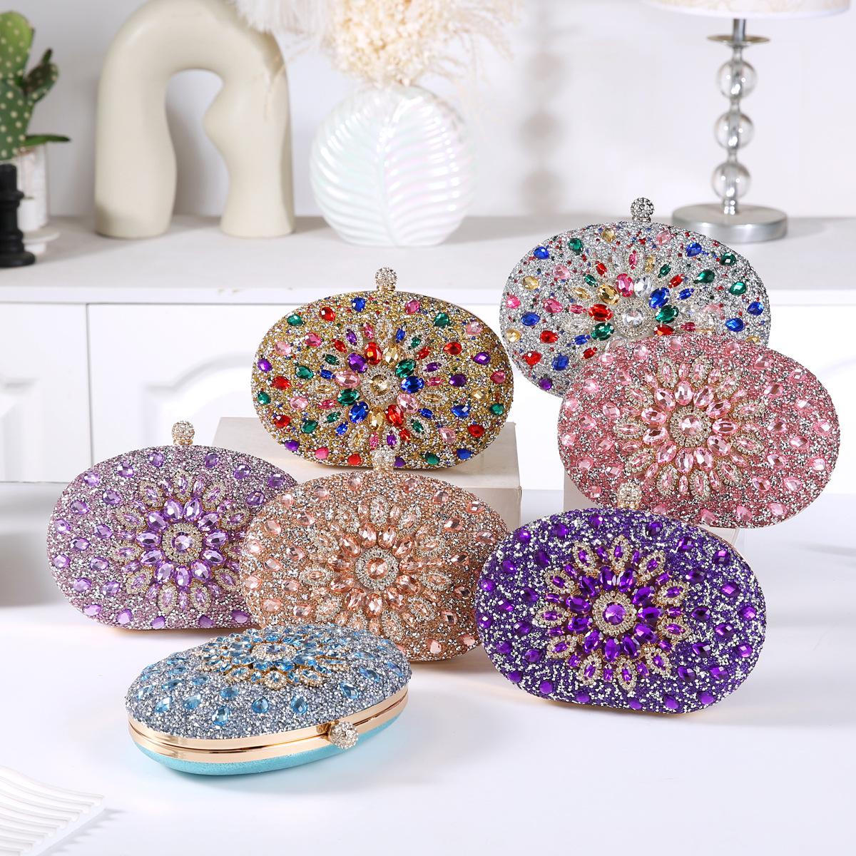 337g Weight Polyester Lining Material Lock clasp Closure Type Top Handle Strap Type Evening Bag Bags Type Party Occasion Pu Leather Material Printing Pattern All Seasons Season Women's Gender Diamond Design Elegant Style Oval Shape Small Size Pu Leather Printing Oval Evening Bags 20