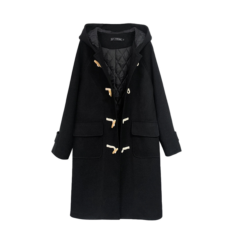 Ropa de talla grande para mujer para otoño e invierno, abrigo de lana acolchado grueso con elegantes botones de palanca y capucha, modelo 2651.