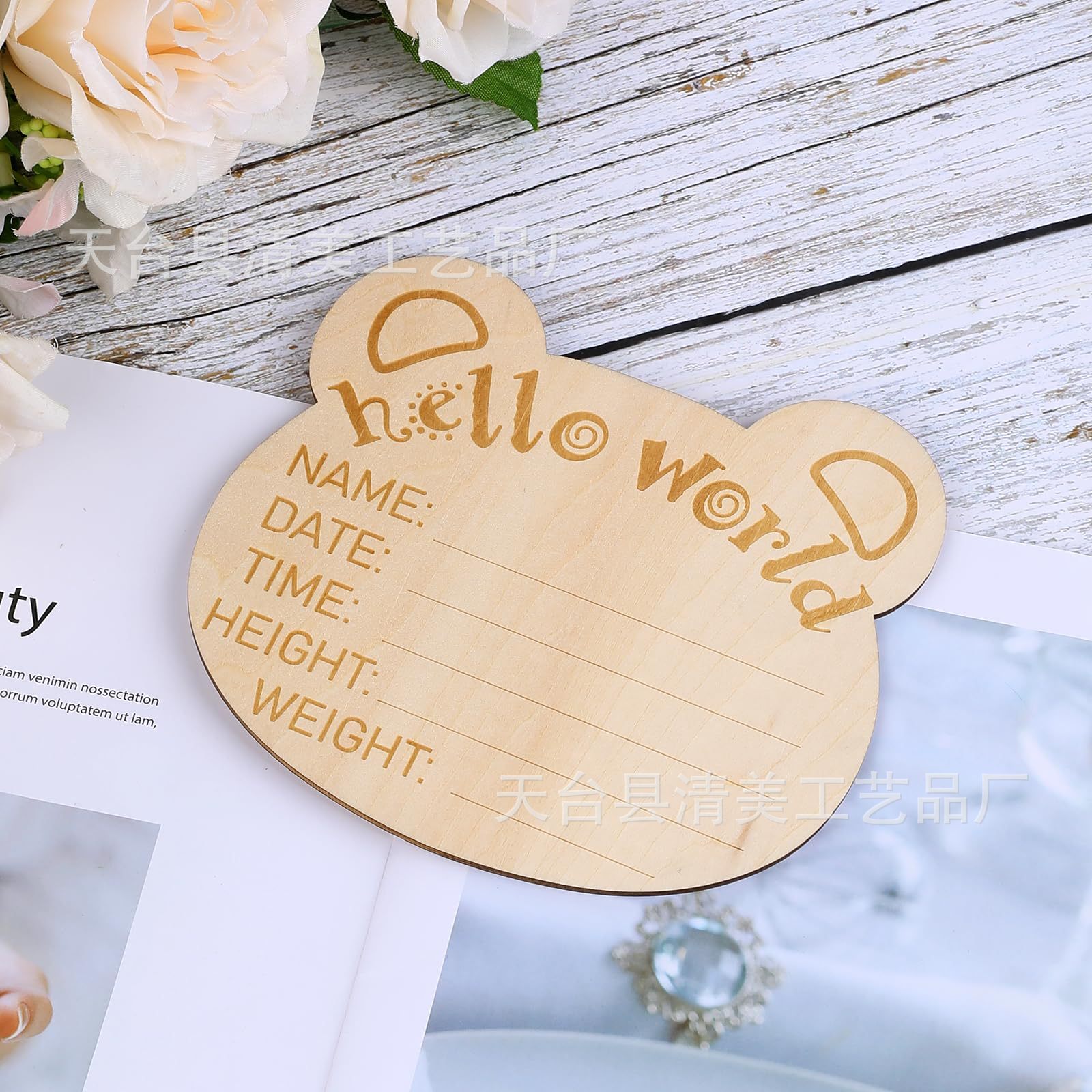 Cabeza de oso de madera, tarjeta de hito mensual para bebés de una cara, accesorios de fotografía de hito mensual, registro del crecimiento del bebé