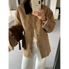 黄峥复古撞色灯芯绒加厚夹棉外套女冬季宽松中长款夹克上衣541106