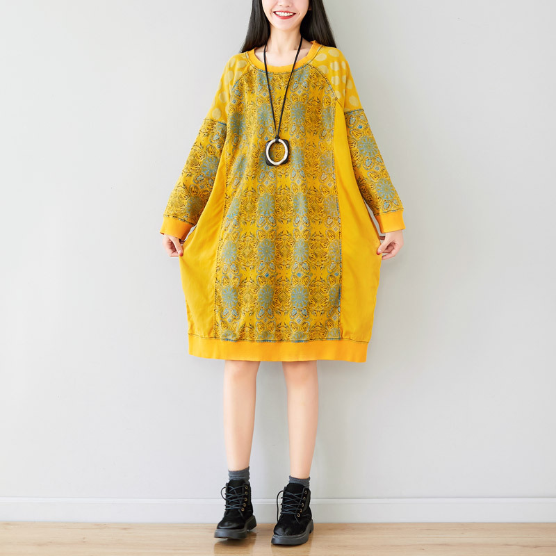 Suéter de cuello redondo con costuras artísticas, largo medio, hombros caídos, abrigo, vestido coreano holgado