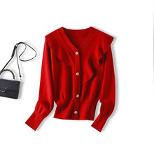 荷葉邊套頭秋季紅色毛衣減齡假扣打底衫短款外搭韓版時尚上衣女