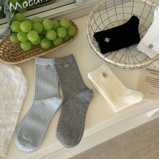 egg love buckle korean socks women's mid-tube socks spring and summer new micro-pressure solid color hemp pattern cotton piled socks