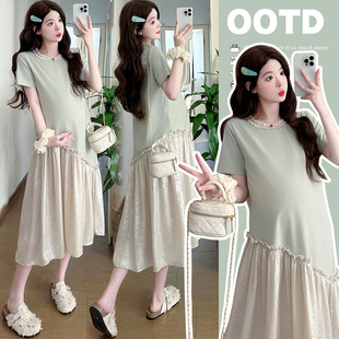 Real shot new 2025 spring and summer lazy wind simple design feeling stitching age-reducing dress maternity clothes
