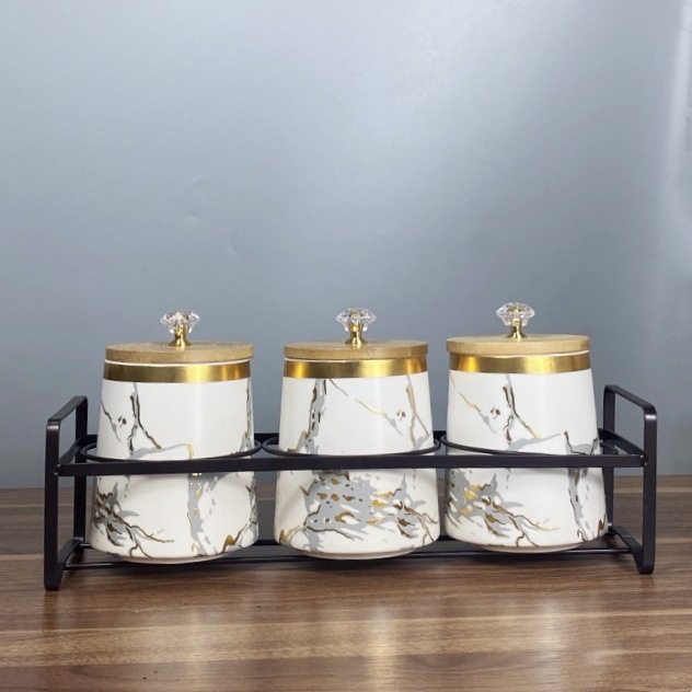 Tanque de condimento de cerámica, tanque de sellado de cocina nórdica, cubierta de madera, tanque de almacenamiento de granos domésticos, conjunto de tanques de almacenamiento de cerámica de lujo ligero