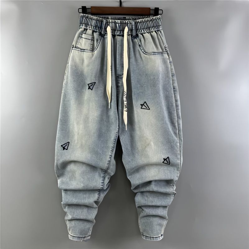 Men's Jeans Embroidery Trendy Pockets Personalized Elastic Waist Versatile Harlan Casual Pants_voghion.com