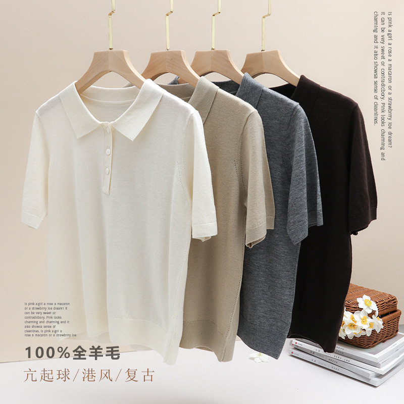 Polo Lapel Miu Style Worsted 100 Merino Australian Wool T-Shirt Comfortable Knitted Short-Sleeved Top Simple Casual Women