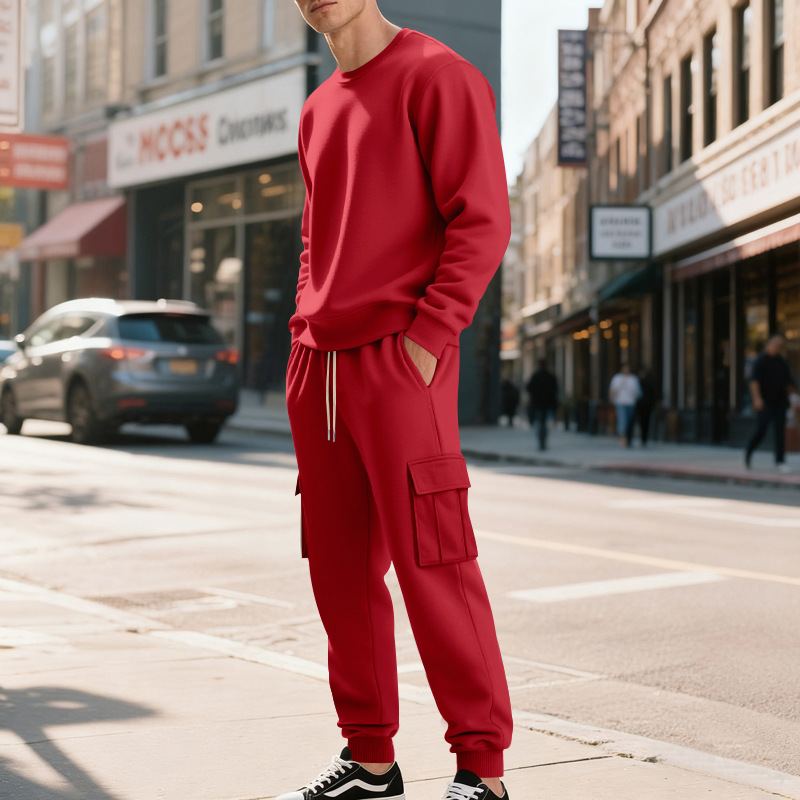 Europe, America, Autumn And Winter Heavy Velvet Men's Loose Casual Sports Tooling Round Neck Solid Color Sweater Trousers Set_viptrois.com