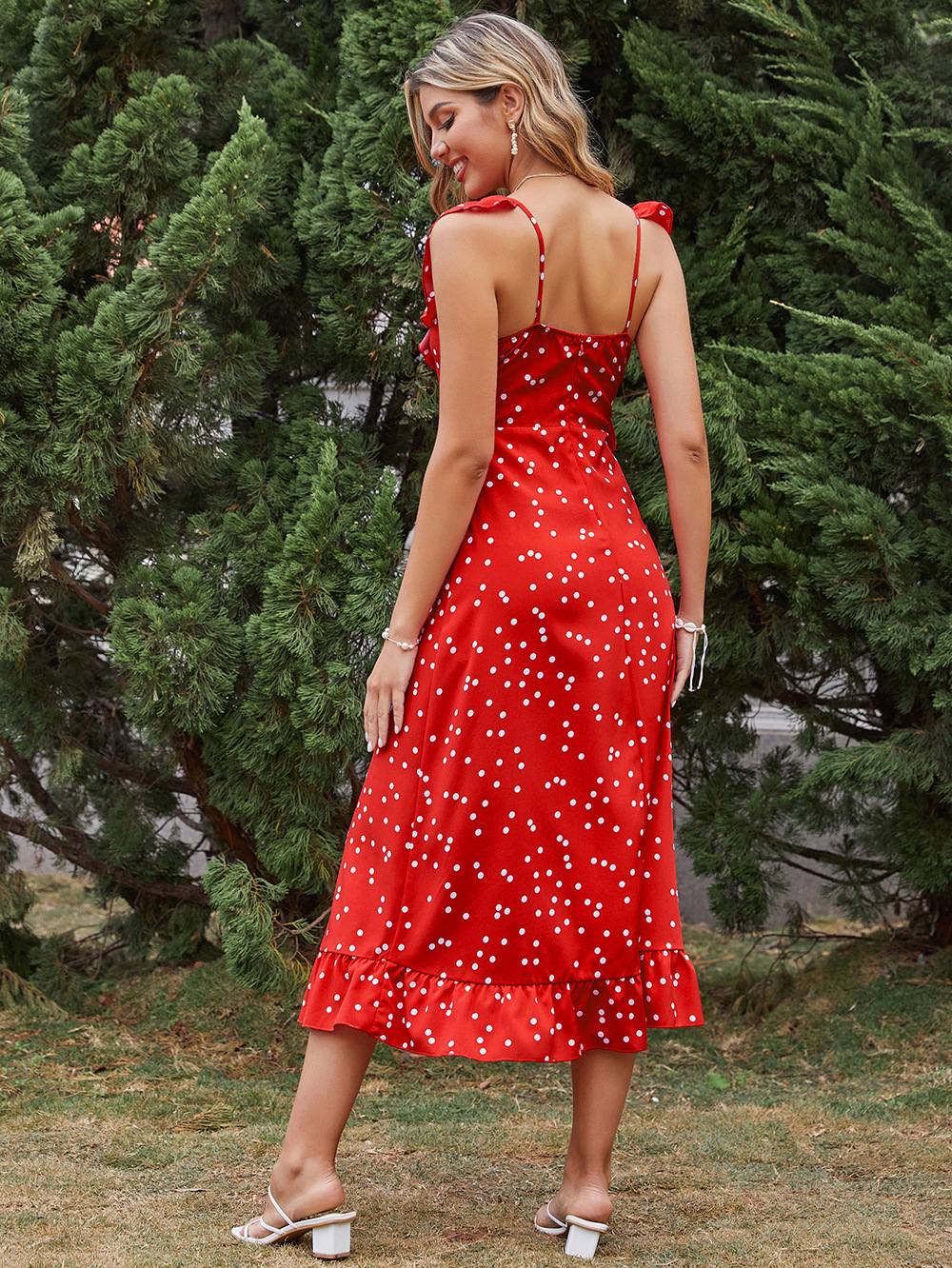 dot printed high waist red ruffled slim v-neck sleeveless dress NSDF51524