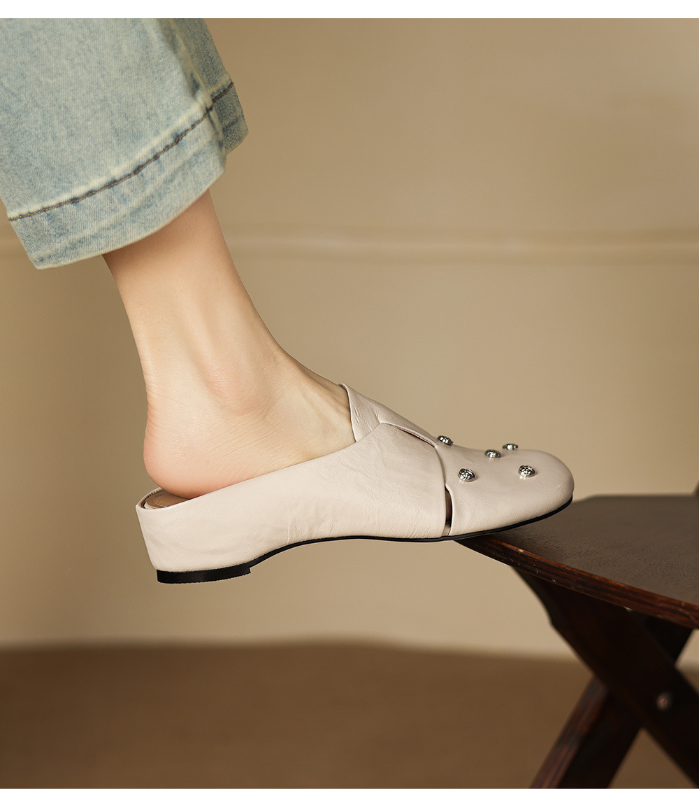 Dép sandal nữ quai chữ V mũi hoa bọc đầu, gót thấp 4 cm, da cừu thời trang — đen chi tiết 11